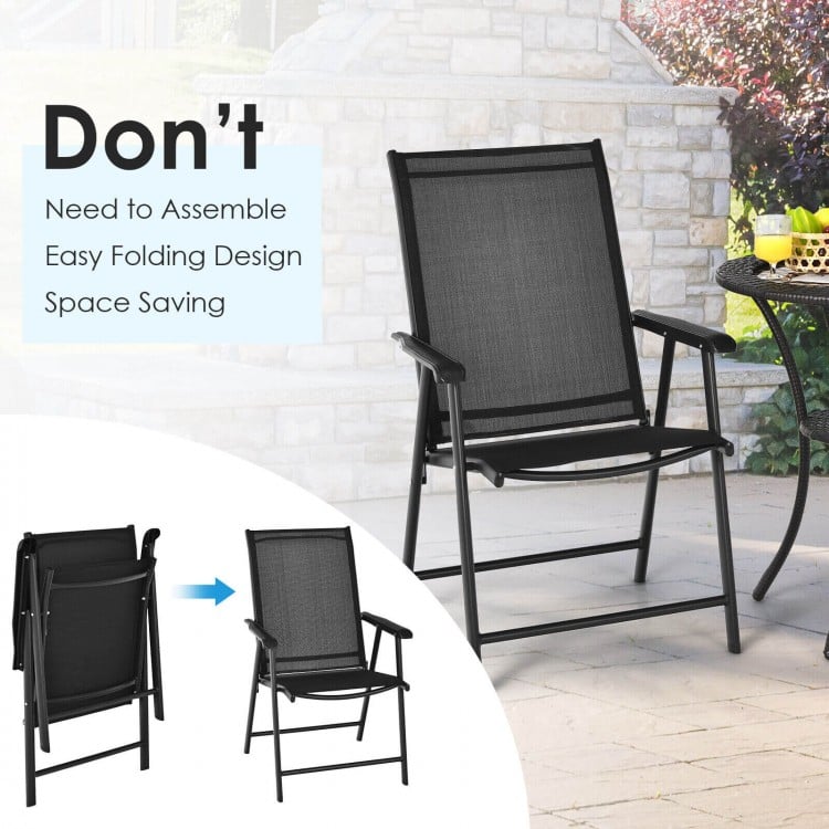 Black outdoor patio folding chair set with ergonomic armrests, featuring a lightweight design for easy transport and.